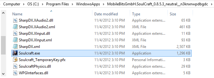 Daftar file di Soulcraft Win8 app