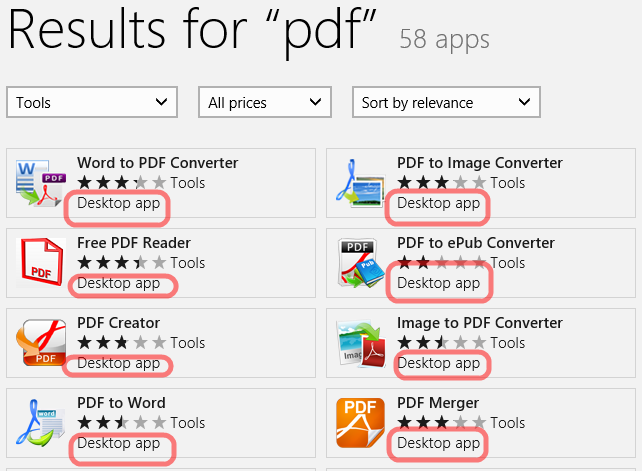 majority of top rated PDF viewer in the Win8 store are all in-fact Desktop apps 