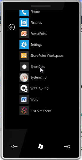Selecting Shortcuts from the main applications window